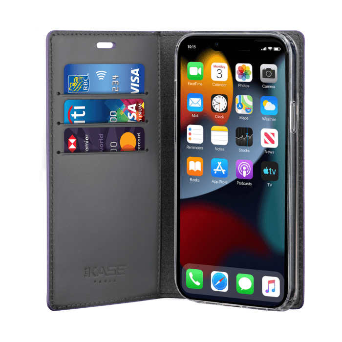 Diarycase 2.0 Custodia a portafoglio in vera pelle con supporto magnetico per Apple iPhone 13 Pro, Lilla Viola