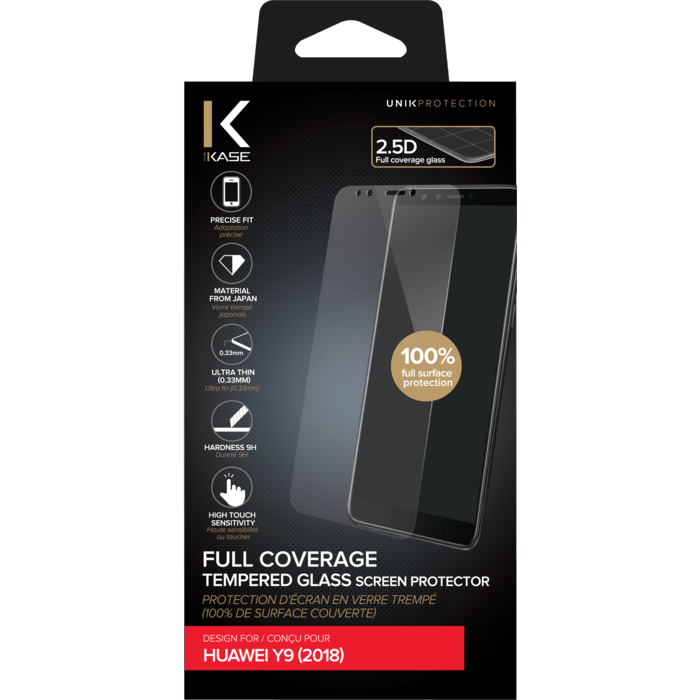 Protection d'&eacute;cran en verre tremp&eacute; (100% de surface couverte) pour Huawei Y9 (2018), Transparent