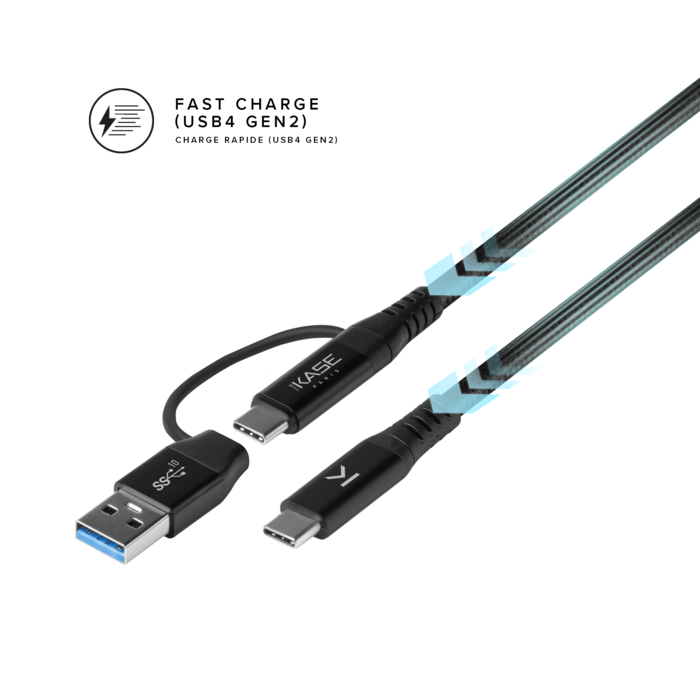 C&acirc;ble tress&eacute; m&eacute;tallique 2-en-1 USB-A & C vers USB-C (USB4 GEN2) fabriqu&eacute; avec des plastiques 100% recycl&eacute;s (1,2M)