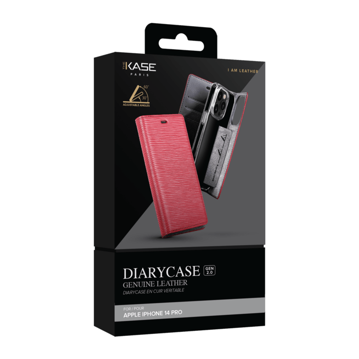Diarycase 2.0 Coque clapet en cuir v&eacute;ritable avec support aimant&eacute; pour Apple iPhone 14 Pro, Rouge Bordeaux