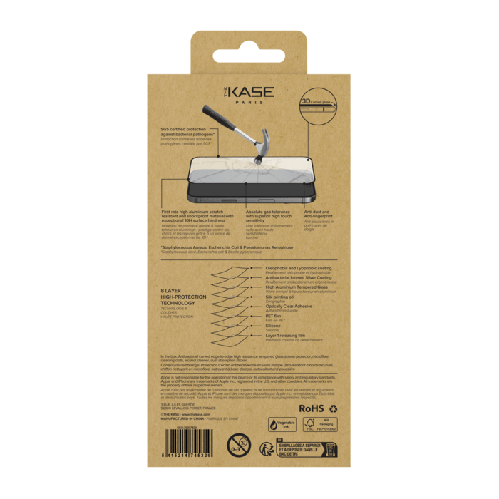 Protection d&rsquo;&eacute;cran antibact&eacute;rienne en verre tremp&eacute; ultra-r&eacute;sistant &agrave; bords incurv&eacute;s (60% verre tremp&eacute; recycl&eacute;) pour Apple iPhone 17, Noir