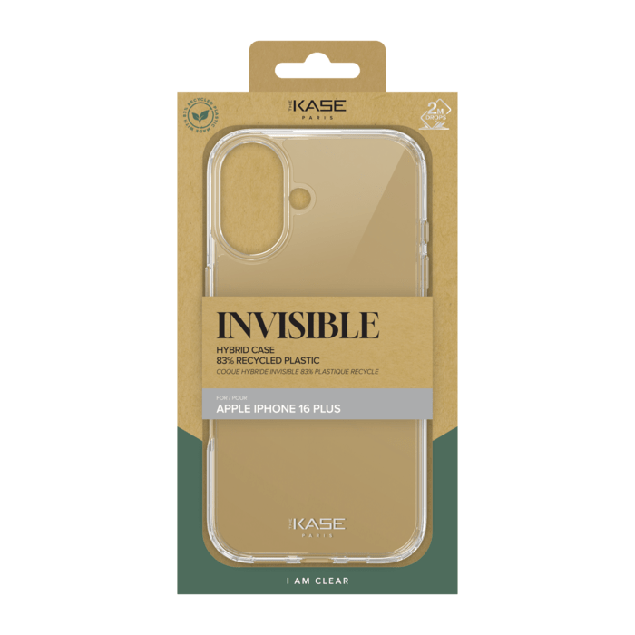 Coque hybride invisible fabriquée à 83 % de plastique recyclé pour Apple iPhone 16 Plus, transparente