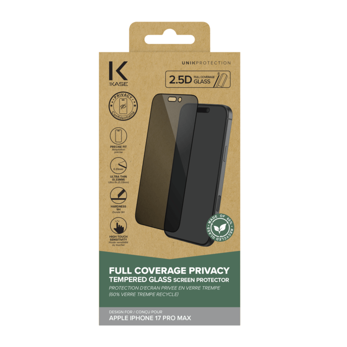 Protection d'&eacute;cran Priv&eacute;e en verre tremp&eacute; (60% verre tremp&eacute; recycl&eacute;) pour Apple iPhone 17 Pro Max Noir