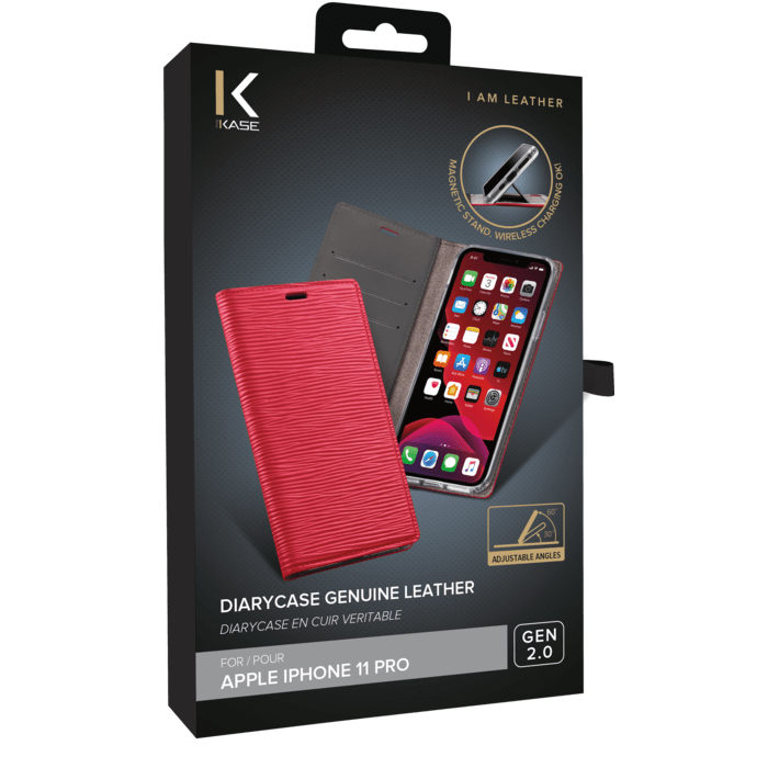 Diarycase 2.0 Etui &agrave; rabat en cuir v&eacute;ritable avec support magn&eacute;tique pour Apple iPhone 11 Pro, Rouge Bordeaux