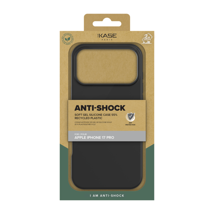 Coque antichoc en gel de silicone doux pour 55% de plastique recycl&eacute; Apple iPhone 17 Pro, Noir satin