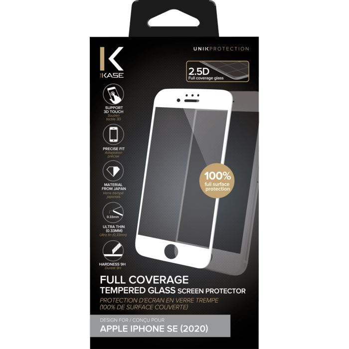 Protection d'&eacute;cran en verre tremp&eacute; (100% de surface couverte) pour Apple iPhone SE 2020, Blanc
