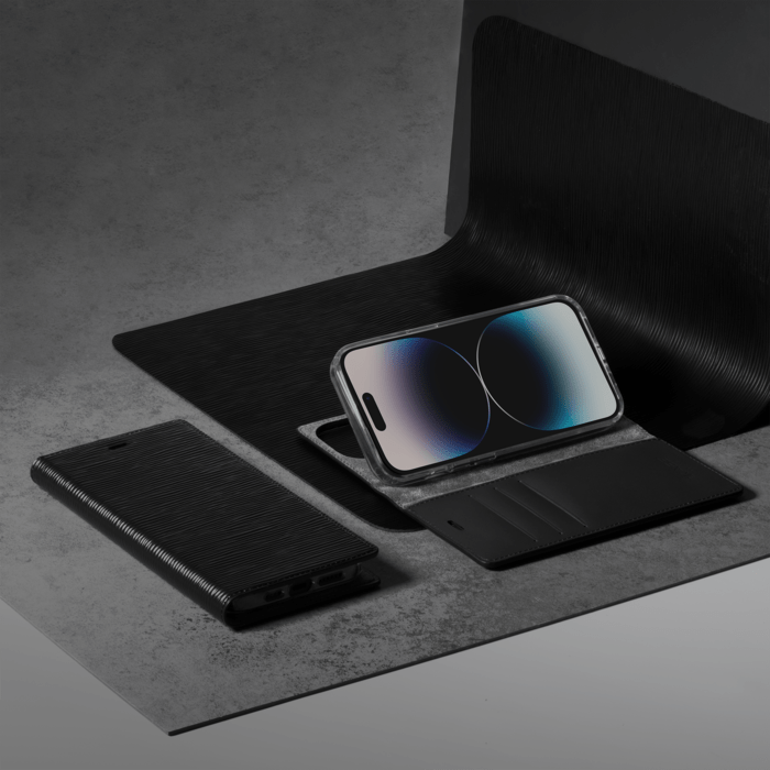 Diarycase 2.0 Coque clapet en cuir v&eacute;ritable avec support aimant&eacute; pour Apple iPhone 14 Pro, Minuit Noir