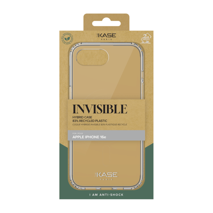 Coque hybride invisible fabriqu&eacute;e &agrave; 83 % de plastique recycl&eacute; pour Apple iPhone 16e, transparente