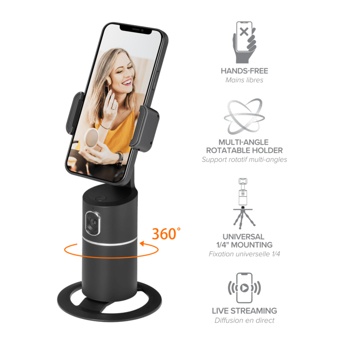 Support selfie pour smartphone avec suivi à 360°, noir minuit