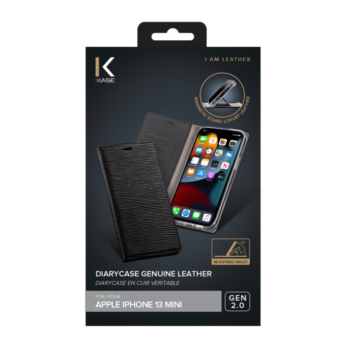 Diarycase 2.0 Coque clapet en cuir véritable avec support aimanté pour Apple iPhone 13 mini, Noir Minuit