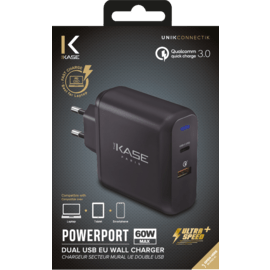 Chargeur secteur mural UE double USB universel PowerPort Ultra Speed+ Charge Rapide 60W (Qualcomm 3.0/Power Delivery), Noir