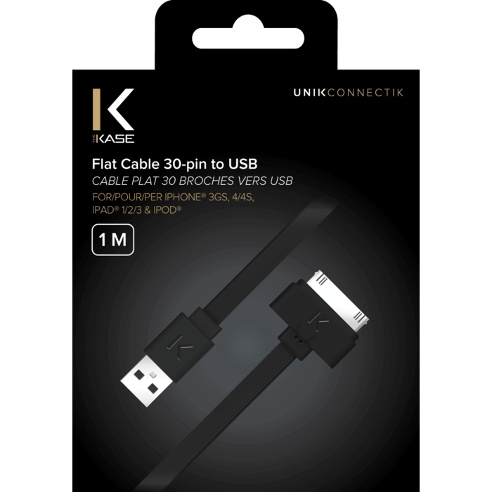 Cable plat 30 broches vers USB (1m) pour Apple, Noir de Jais