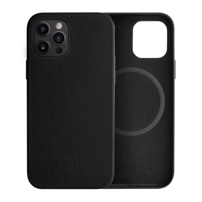Coque magn&eacute;tique en cuir v&eacute;ritable artisanal pour Apple iPhone 12 Pro Max, Minuit Noir