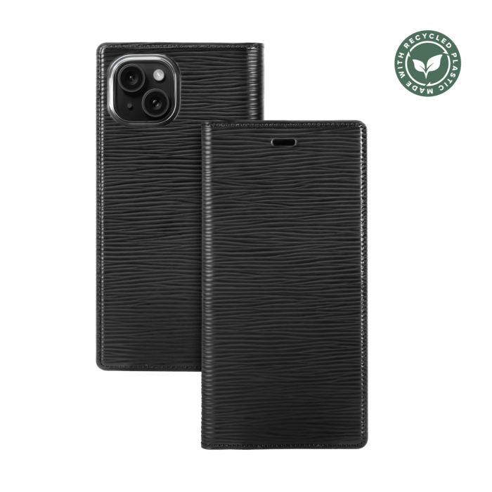 Diarycase 2.0 Coque clapet en cuir v&eacute;ritable avec support aimant&eacute; et fabriqu&eacute; avec un &eacute;tui en plastique recycl&eacute; pour Apple iPhone 15, Noir Minuit