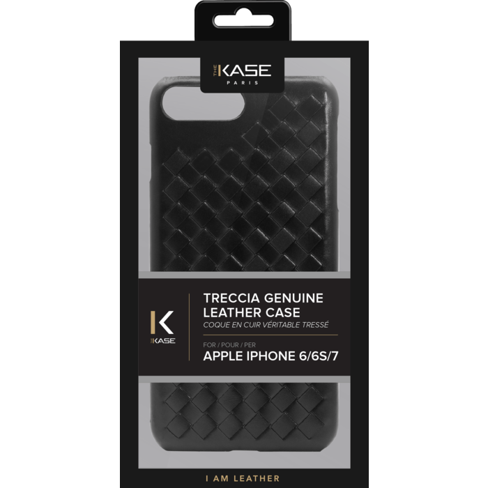 Coque en cuir v&eacute;ritable Treccia pour Apple iPhone 6/6s/7/8/SE 2020, Noir Satin
