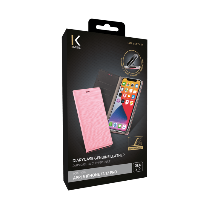 Custodia flip Diarycase 2.0 in vera pelle con supporto magnetico per Apple iPhone 12/12 Pro, rosa pastello