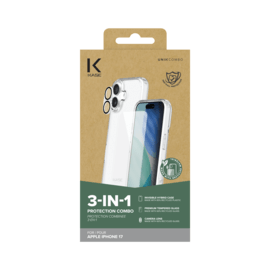 Pack combin&eacute; 3 en 1 (Coque hybride invisible, &Eacute;cran en verre tremp&eacute; de qualit&eacute; sup&eacute;rieure et Protecteur de l&rsquo;objectif de la cam&eacute;ra) pour Apple iPhone 17, Transparente