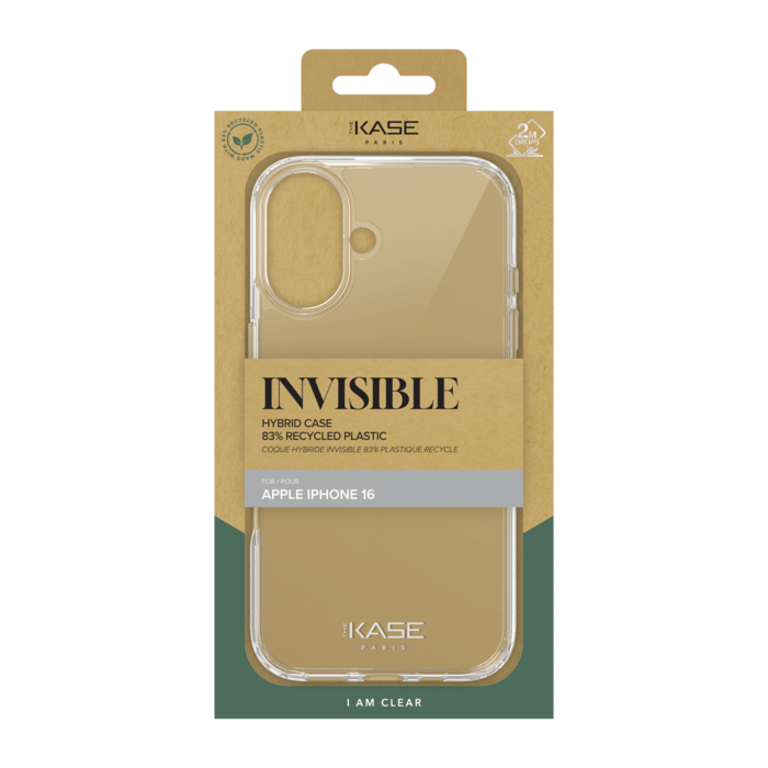 Coque hybride invisible fabriqu&eacute;e &agrave; 83 % de plastique recycl&eacute; pour Apple iPhone 16, transparente