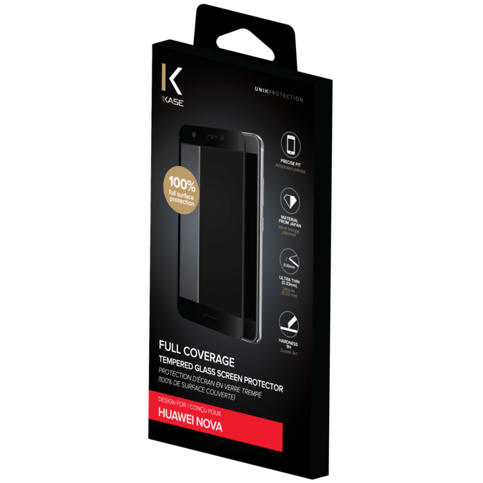 Protection d'&eacute;cran en verre tremp&eacute; (100% d surface couverte) pour Huawei Nova, Noir