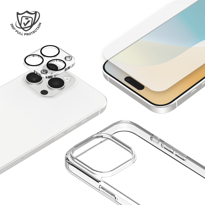 Pack combin&eacute; 3 en 1 (Coque Hybride Invisible, &Eacute;cran en Verre Tremp&eacute; de Qualit&eacute; Sup&eacute;rieure et Protecteur de l&rsquo;objectif de la cam&eacute;ra) pour Apple iPhone 16 Pro, Transparente