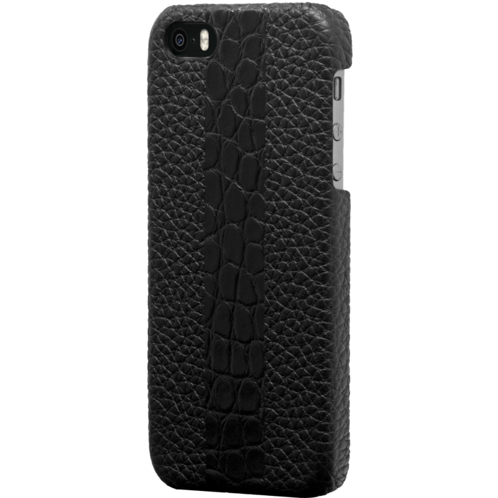 Coque pour Apple iPhone 5/5s/5SE, cuir alligator véritable et veau grainé, Noir