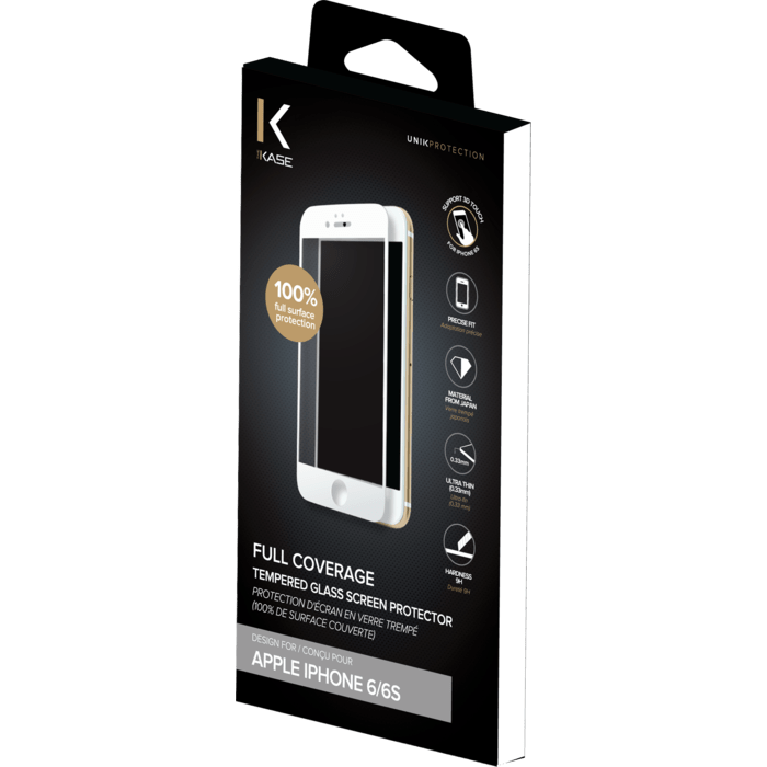 Protection d'écran en verre trempé (100% de surface couverte) pour iPhone 6/6s, Blanc