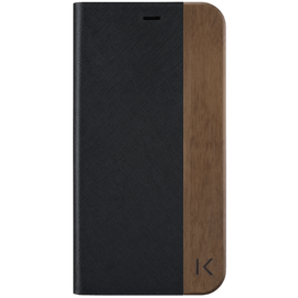 Case Flip Case for Apple iPhone XR, Black Saffiano & Natural Walnut Wood
