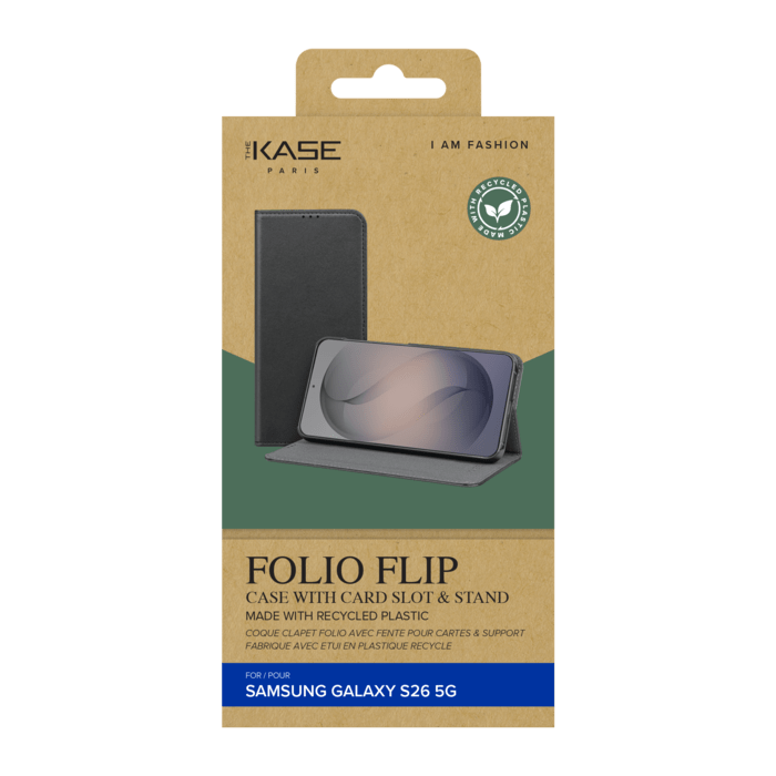 Coque clapet folio avec fente pour cartes & support fabriqu&eacute; avec &eacute;tui en plastique recycl&eacute; Pour Samsung Galaxy S26 5G, Noir