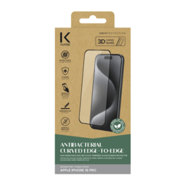 Protection d’écran antibactérienne en verre trempé ultra-résistant à bords incurvés (60% verre trempé recyclé) pour Apple iPhone 16 Pro, Noir