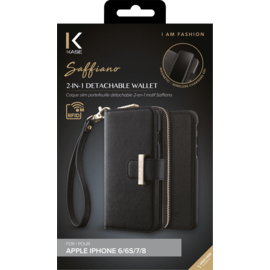 Saffiano motif 2-in-1 Detachable Wallet slim case for Apple iPhone 6/6s/7/8, Satin Black