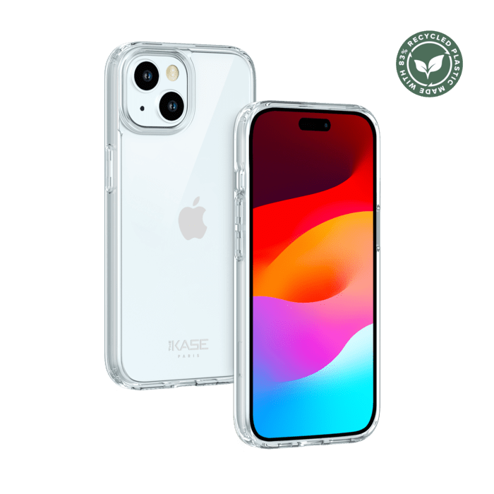Coque hybride invisible fabriqu&eacute;e &agrave; 83 % de plastique recycl&eacute; pour Apple iPhone 15, transparente