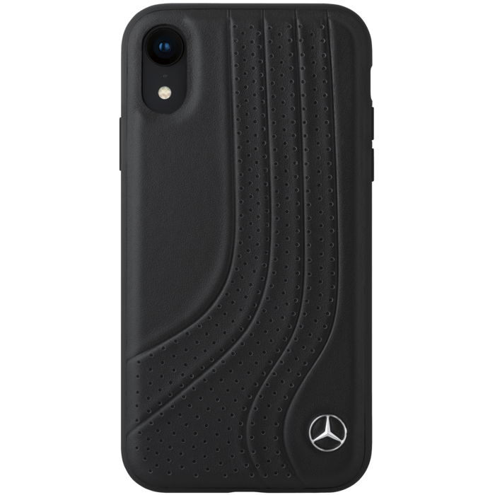 Mercedes-Benz New Bow II Coque en cuir v&eacute;ritable perfor&eacute; pour Apple iPhone XR, Noir