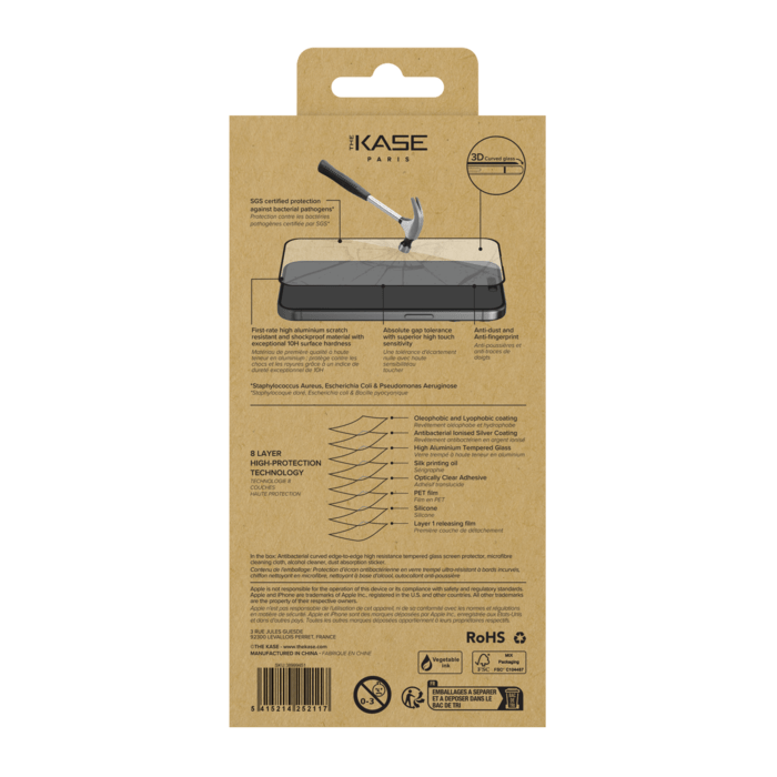 Protection d’écran antibactérienne en verre trempé ultra-résistant à bords incurvés (60% verre trempé recyclé) pour Apple iPhone 16 Pro Max, Noir