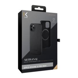 Coque magn&eacute;tique en cuir v&eacute;ritable artisanal pour Apple iPhone 12 Pro Max, Minuit Noir