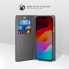 Diarycase 2.0 Coque clapet en cuir v&eacute;ritable avec support aimant&eacute; et fabriqu&eacute; avec un &eacute;tui en plastique recycl&eacute; pour Apple iPhone 15, Noir Minuit