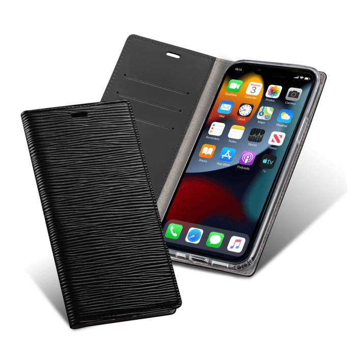 Diarycase 2.0 Coque clapet en cuir véritable avec support aimanté pour Apple iPhone 13, Minuit Noir