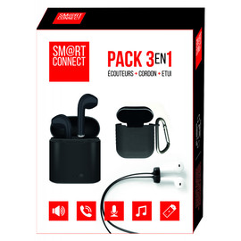 PACK ECOUTEURS TRUE WIRELESS SANS FILS NOIRS + ETUI + CORDONS - SMART CONNECT&reg;