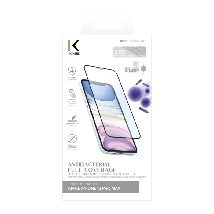 Protection d&rsquo;&eacute;cran antibact&eacute;rienne en verre tremp&eacute; ultra-r&eacute;sistant (100% de surface couverte) pour Apple iPhone 12 Pro Max, Noir