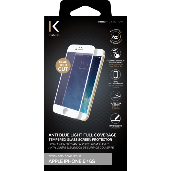 Protection d'écran en verre trempé avec Anti-lumière bleue (100% de surface couverte) pour iPhone 6/6s, Blanc