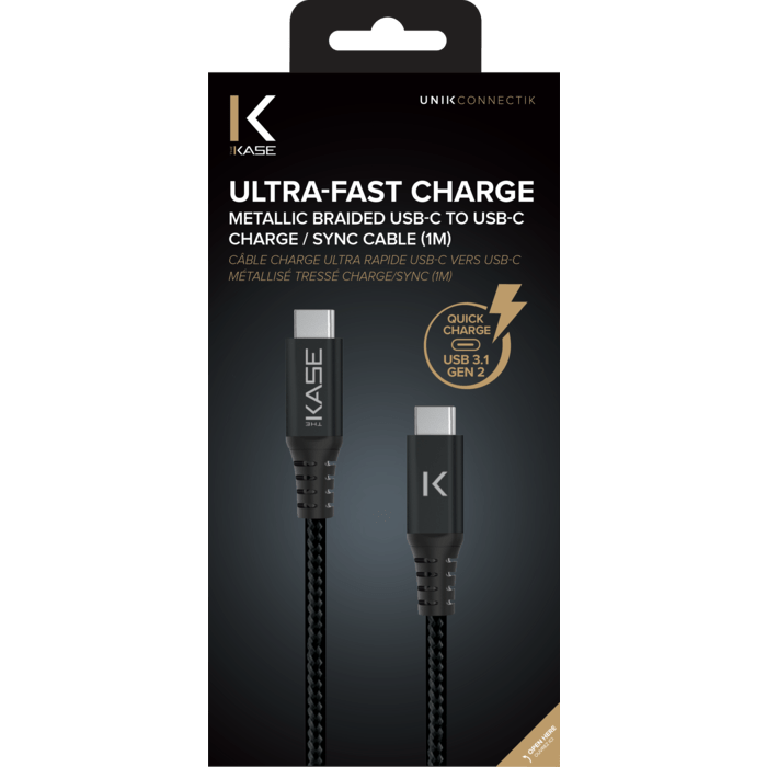 (O) Câble USB 3.1 Gen 2 charge rapide USB-C vers USB-C métallisé tressé Charge/sync (1M), Noir