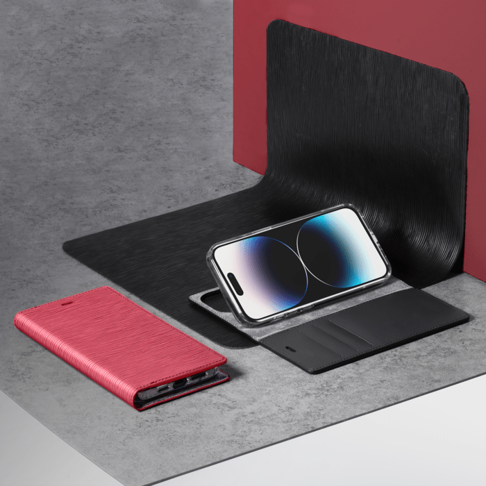 Diarycase 2.0 Coque clapet en cuir v&eacute;ritable avec support aimant&eacute; pour Apple iPhone 14 Pro, Rouge Bordeaux