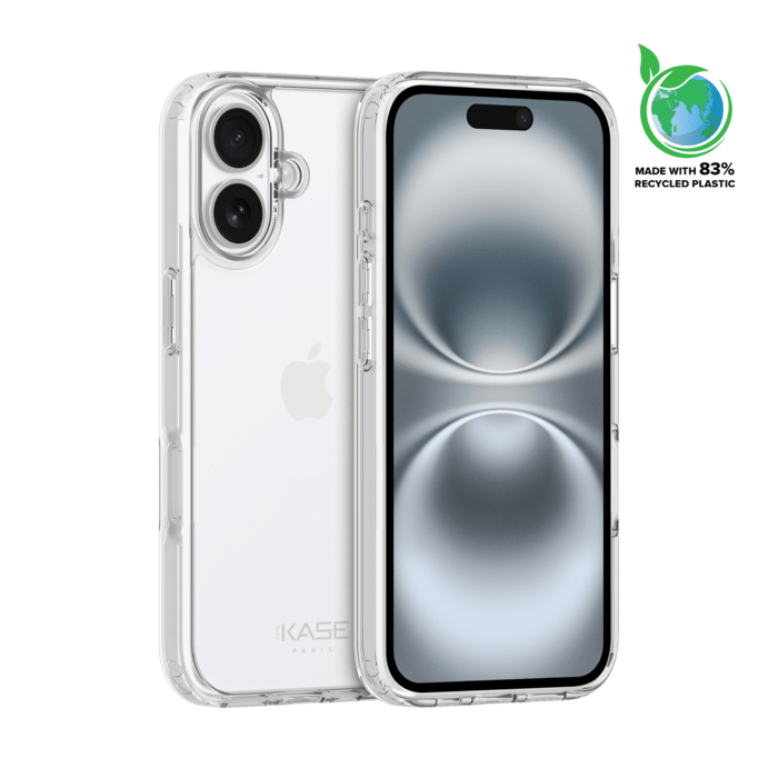 Coque hybride invisible fabriqu&eacute;e &agrave; 83 % de plastique recycl&eacute; pour Apple iPhone 16, transparente