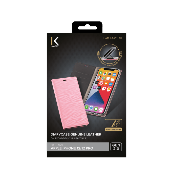 Diarycase 2.0 Coque clapet en cuir v&eacute;ritable avec support aimant&eacute; pour Apple iPhone 12/12 Pro, Rose Pastel