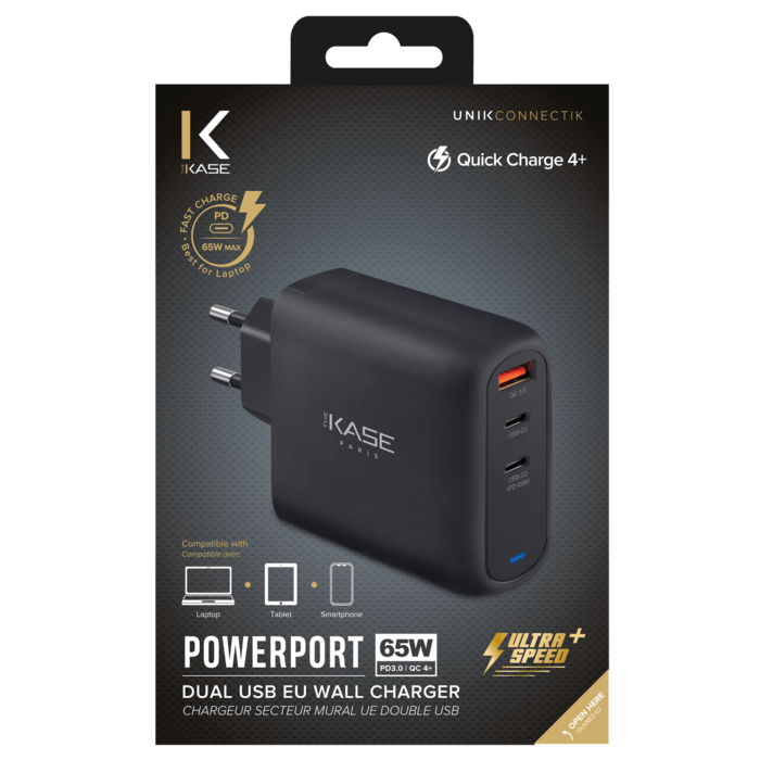Chargeur secteur mural UE USB universel PowerPort Ultra Speed+ Charge Rapide 65W (QC 4+/Power Delivery), Noir