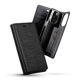 Diarycase 2.0 Coque clapet en cuir v&eacute;ritable avec support aimant&eacute; pour Apple iPhone 14 Pro, Minuit Noir