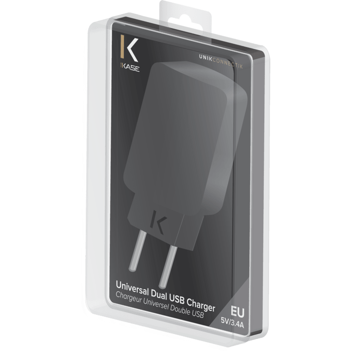 Chargeur Universel Double USB (EU) 3.4A, Noir de Jais