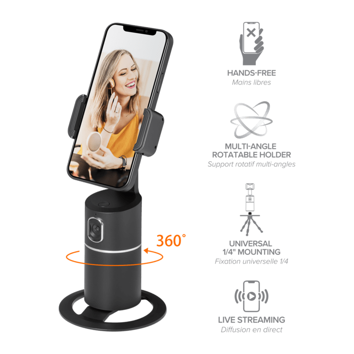 Support selfie pour smartphone avec suivi &agrave; 360&deg;, noir minuit