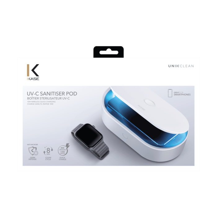 Bo&icirc;tier st&eacute;rilisateur UV-C avec chargement sans-fil rapide (7.5 W/10 W), Blanc