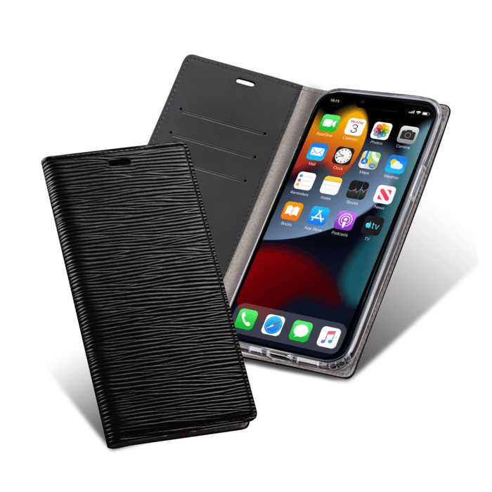 Diarycase 2.0 Coque clapet en cuir véritable avec support aimanté pour Apple iPhone 13 Pro, Noir Minuit