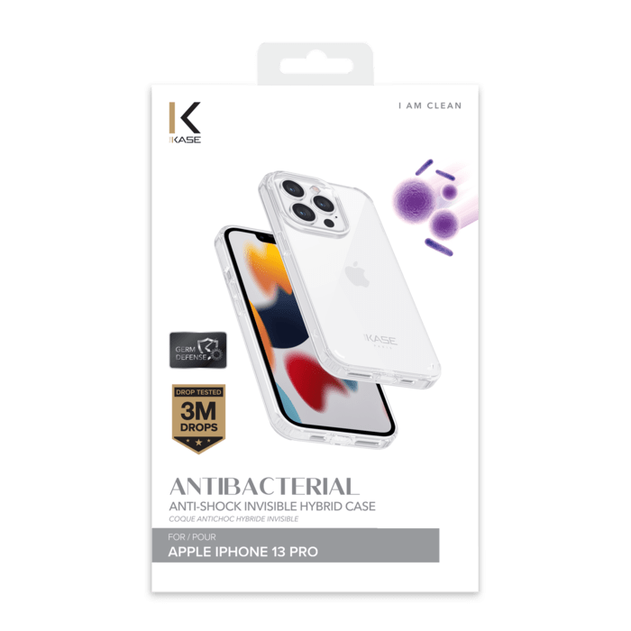 Coque antibact&eacute;rienne antichoc hybride invisible pour Apple iPhone 13 Pro, Transparente
